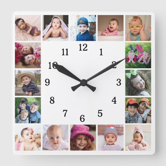 Horloge Carrée Create Your Own 16 Family Photo Collage White (Recto)