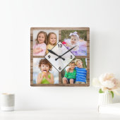 Horloge Carrée Create Your Own 4 Photo Collage Rustic Wood (Maison)