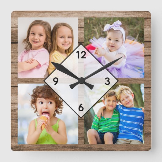Horloge Carrée Create Your Own 4 Photo Collage Rustic Wood (Recto)