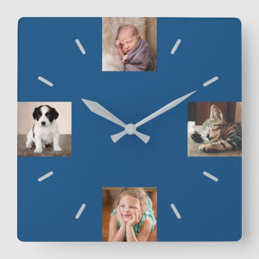 Horloge Carrée Create Your Own 4 Photo Modern Blue (Recto)