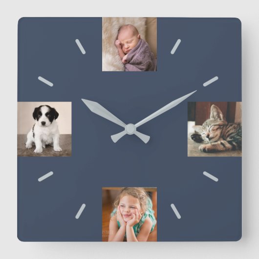 Horloge Carrée Create Your Own 4 Photo Modern Navy Blue (Recto)