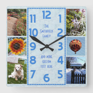 Horloge Carrée Create Your Own Deco 6 Photo Collage Marbled Blue