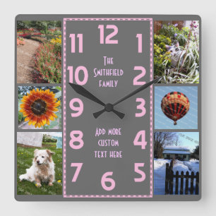 Horloge Carrée Create Your Own Deco 6 Photo Collage Pink Gray