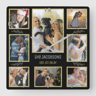 Horloge Carrée Create Your Own Family ou Wedding 8 Photo Collage
