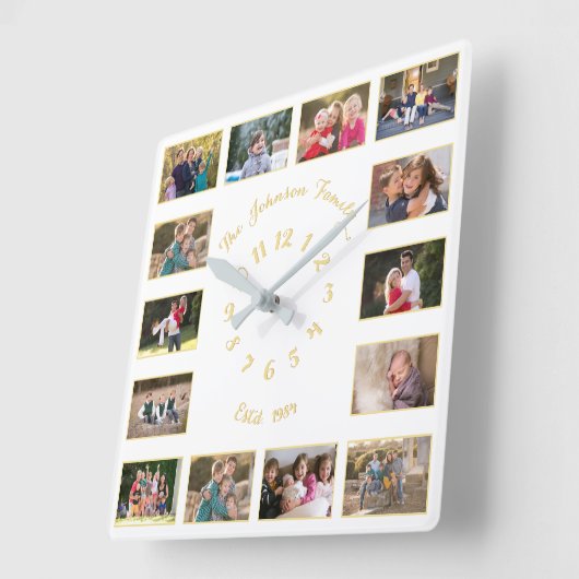 Horloge Carrée Créer personnalisé White Faux Gold Family Photo Co (Angle)