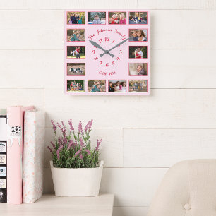 Horloge Carrée Créer un collage photo personnalisé rose pour coup