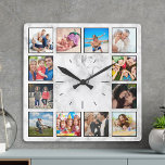 Horloge Carrée Créer Votre Collage Photo Personnalisé Marbre Élég<br><div class="desc">Créez votre propre horloge murale 12 photo collage personnalisé avec vos images personnalisées sur un élégant arrière - plan en marbre blanc élégant. Ajoutez vos photos, designs ou oeuvres d'art préférés pour créer quelque chose de vraiment unique. Pour modifier ce modèle de conception, il vous suffit de télécharger votre propre...</div>