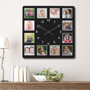 Horloge Carrée Créez votre propre 12 famille Enfants Photo Collag