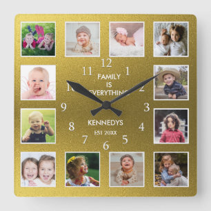Horloge Carrée Créez votre propre 12 photo Collage Frame Gold