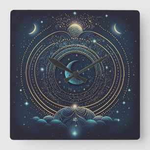 Horloge Carrée Créez Votre Propre Céleste Lunaire Bleu Et Or