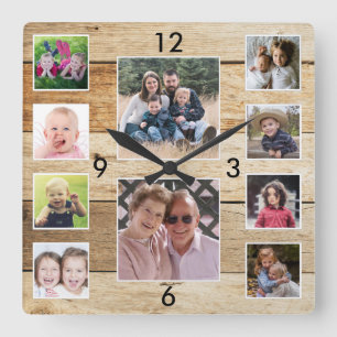 Horloge Carrée Créez votre propre collage de 10 photos en bois na