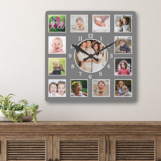 Horloge Carrée Créez votre propre collage de 13 photos de famille