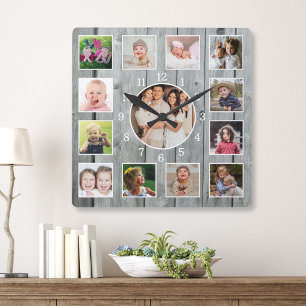 Horloge Carrée Créez votre propre collage de 13 photos en bois gr