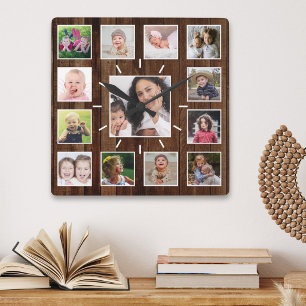 Horloge Carrée Créez Votre Propre Collage de 13 Photos en Bois So
