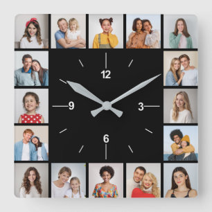 Horloge Carrée Créez votre propre collage de 16 photos en noir et