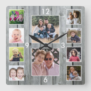 Horloge Carrée Créez Votre Propre Collage Photo 10 Gris Bois