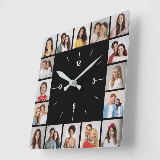 Horloge Carrée Créez Votre Propre Collage Photo 16 Noir & Blanc (Angle)