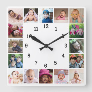 Horloge Carrée Créez Votre Propre Collage Photo de Famille 16 Bla