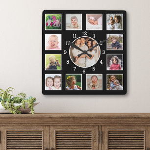 Horloge Carrée Créez Votre Propre Collage Photo de Famille Noir 1