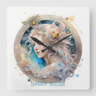 Horloge Carrée Créez votre propre Gold & Blue Mystical Virgo Zodi