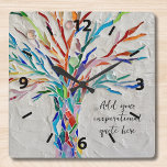 Horloge Carrée Créez votre propre message inspirant<br><div class="desc">Cette horloge murale unique est décorée avec un design en mosaïque de couleur arc-en-ciel. Vous pouvez ajouter une citation ou un message inspiré pour la personnaliser. Vous pouvez modifier la police,  la taille de police et la couleur de police. Mosaïque originale © Michele Davies.</div>