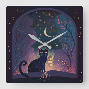 Horloge Carrée Créez Votre Propre Mystique Chat Noir Fenêtre Magi