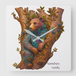 Horloge Carrée Créez votre propre ours en bois sculpté 3D Faux Bo