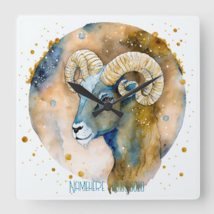 Horloge Carrée Créez votre propre Zodiac Gold & Blue Aries