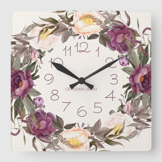 Horloge Carrée Crème violette Nom de la couronne florale Numéros (Recto)