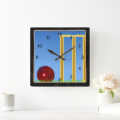 Horloge Carrée Cricket, wicket et ballon (Maison)