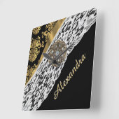 Horloge Carrée cristal de dentelle blanche noir et or (Angle)