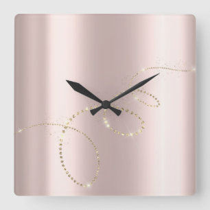Horloge Carrée Cristaux Rose Infinity Gold. Élégant Blush