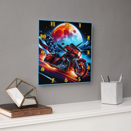 Horloge Carrée Croisière sur la Lune avec drapeau américain (Bureau)