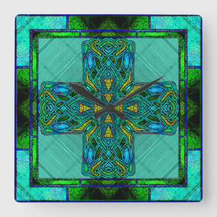 Horloge Carrée Croix celtique en verre coloré en or et vert