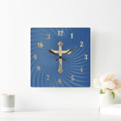 Horloge Carrée Croix d'or Arrière - plan Blue Swirl (Maison)