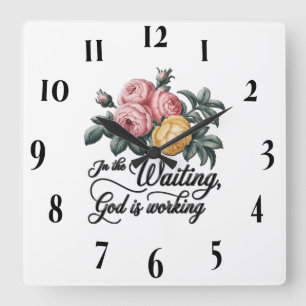 Horloge Carrée Croix florale inspirante /Écriture