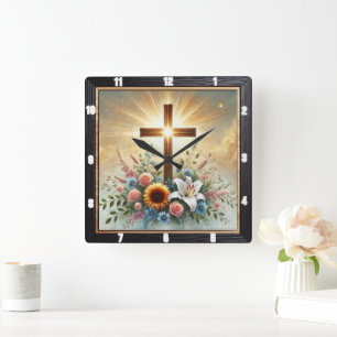 Horloge Carrée Croix radieuse florale spirituelle