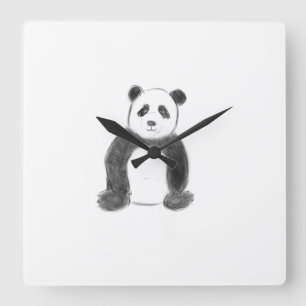 Horloge Carrée Croquis de panda en noir et blanc