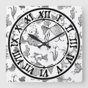 Horloge Carrée Croquis fée imaginaire poissons crachers mer plant