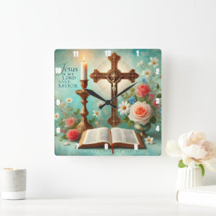 Horloge Carrée Crucifix, lumière des bougies Bible Floral Jésus