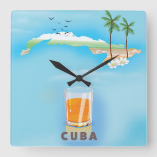 Horloge Carrée Cuba carte illustrée de voyage affiche