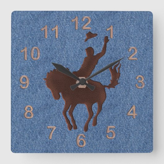 Horloge Carrée Cuir Cowboy et Cheval sur Denim (Recto)