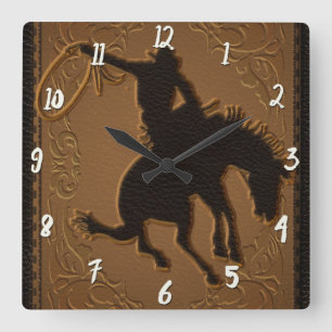 Horloge Carrée Cuir Western Wild West Rustique Campagne Cowboy