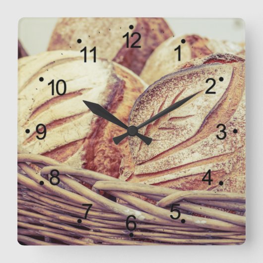 Horloge Carrée Cuisine avec panier de pain frais (Recto)