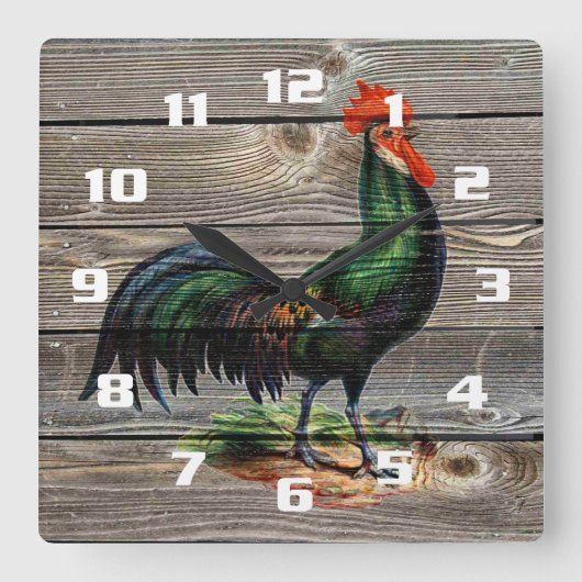 Horloge Carrée Cuisine Coq de Campagne Rustique (Recto)
