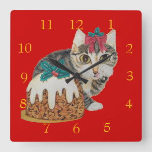 Horloge Carrée Cuisine kitten gray tabby cat licking paws christm