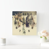 Horloge Carrée cuisine rustique de pays - herbes sèches (Maison)