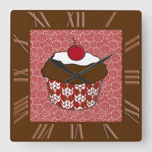 Horloge Carrée Cupcake au Chocolat sur Motif Rouge et Blanc