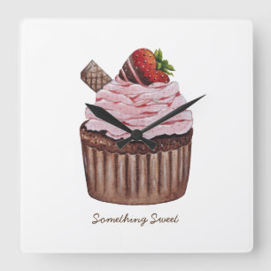Horloge Carrée Cupcake Aux Fraises Coupée En Aquarelle 
