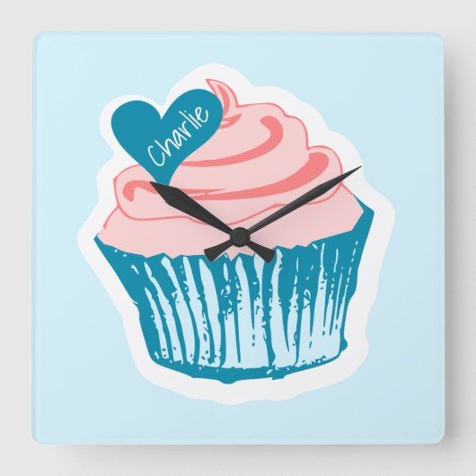 Horloge Carrée Cupcake Love custom name wall clock (Recto)